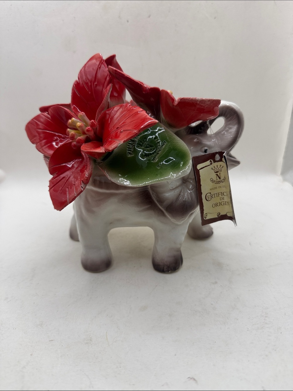 VTG Capodimonte Italy Porcelain Elephant Figurine Red Flowers Decor Collectible